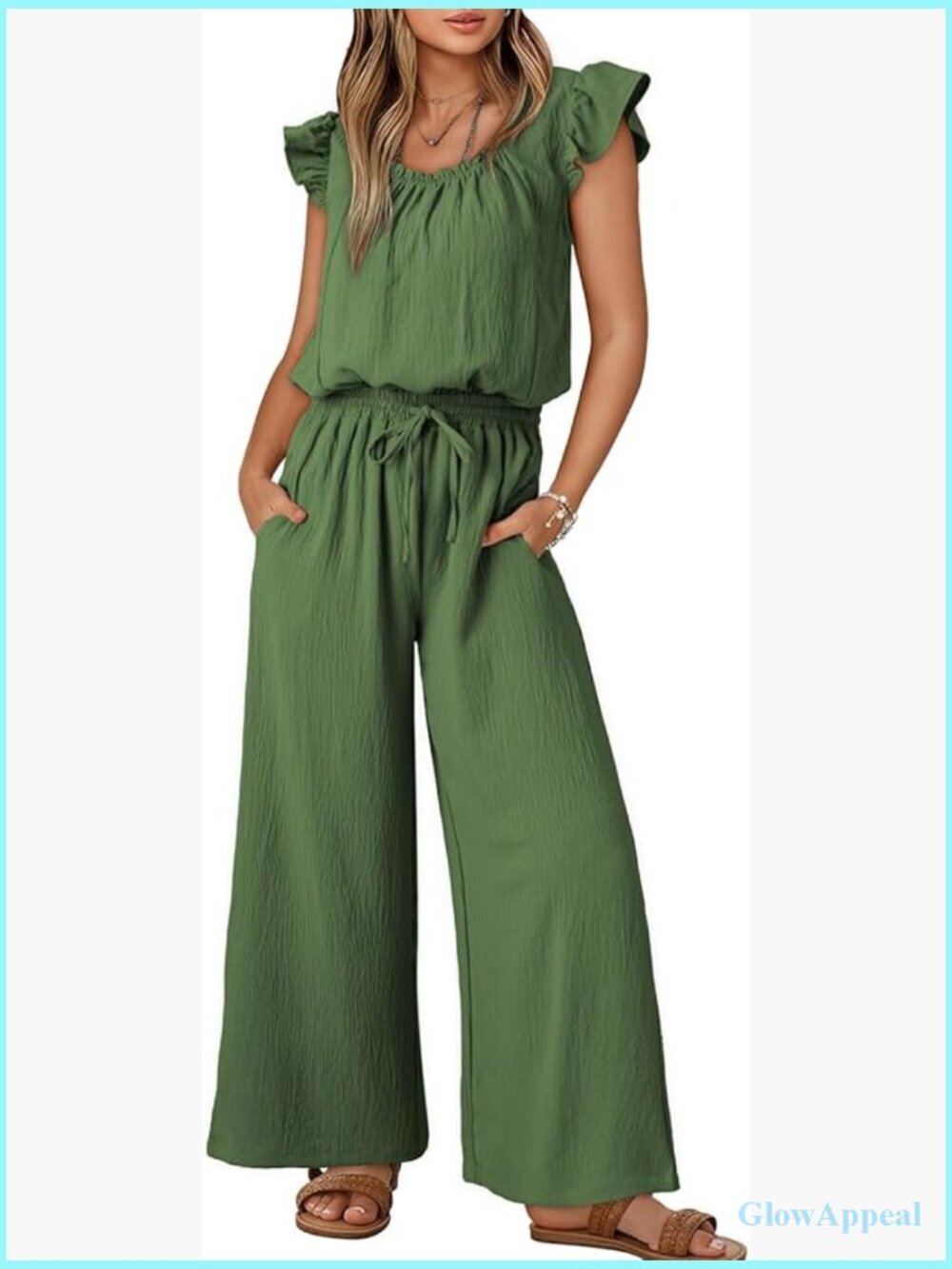 Ruffle Sleeve Square Neck Romper Jumpsuit with Pockets